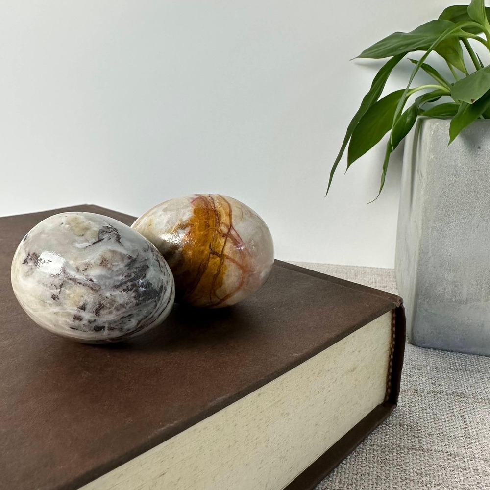 Vintage Polished Stone Eggs Set of 2 | Onyx Marble Decorative Eggs